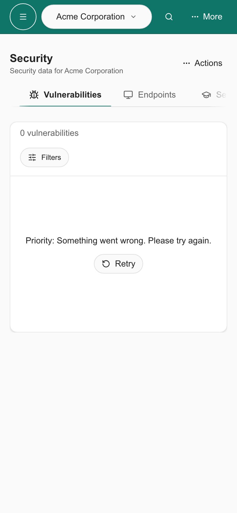 Phone vulnerability list showing the priority-loading error and Retry