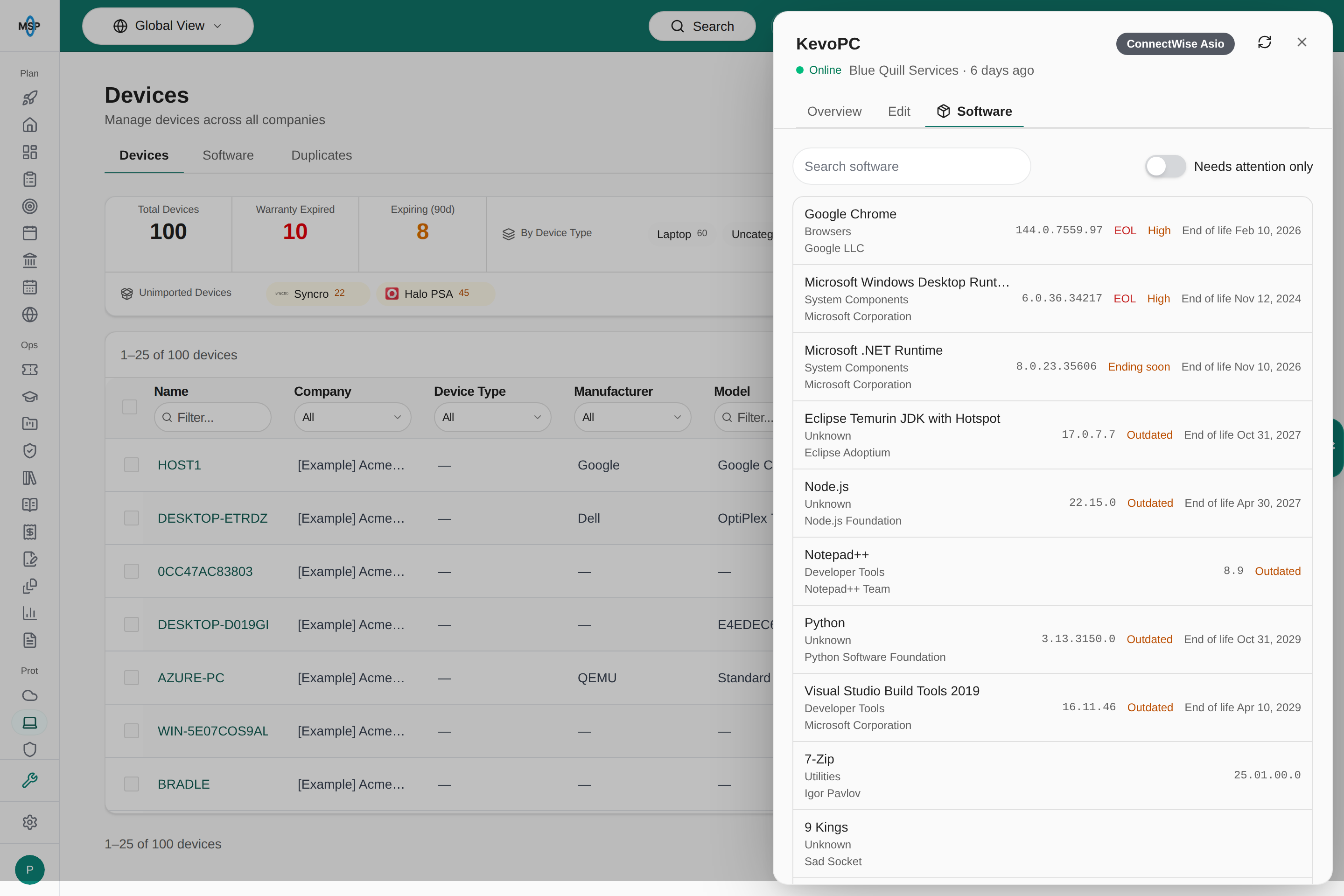 Device Software tab with installed applications, versions, and lifecycle status
