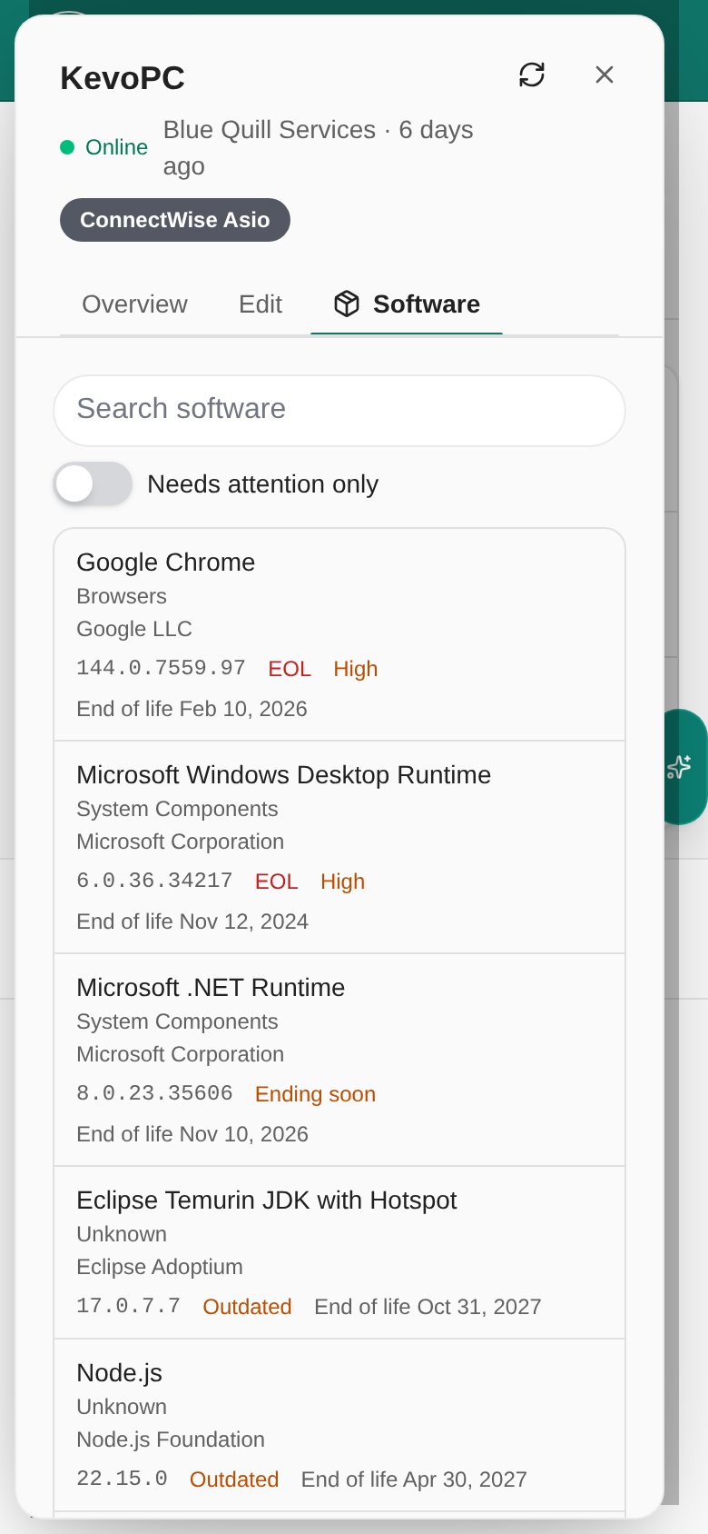 Phone layout of the device Software tab with search, filter, and installed applications