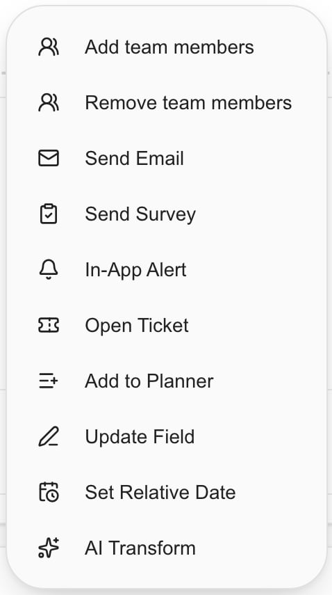 Add team members and Remove team members at the top of the automation action menu