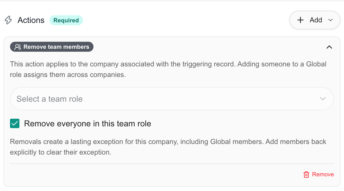 Remove team members action with the team role selector and Remove everyone in this team role checked