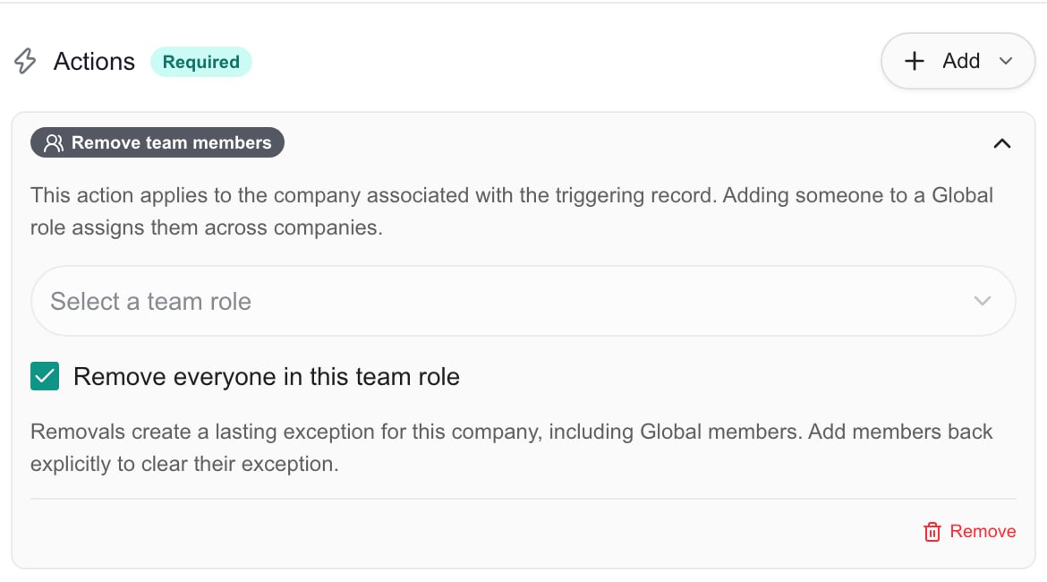 Remove team members action with the team role selector and Remove everyone in this team role checked