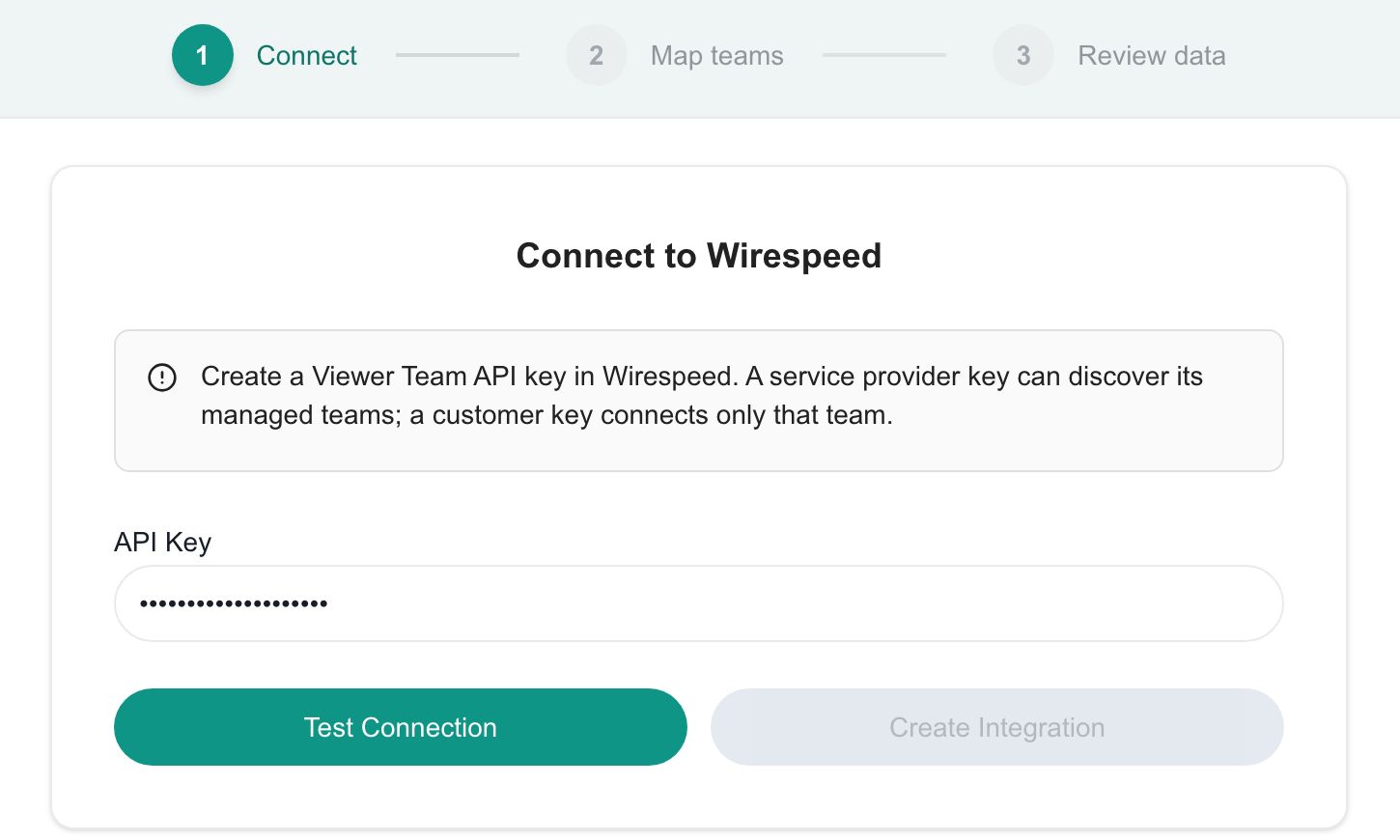 Branch preview: Wirespeed Connect step with the API Key field, Test Connection and Create Integration