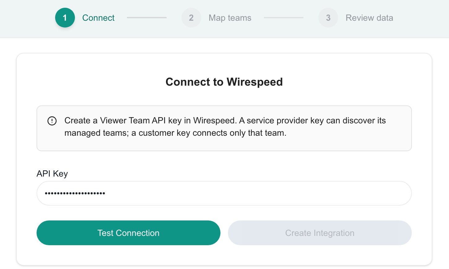 Branch preview: Wirespeed Connect step with the API Key field, Test Connection and Create Integration