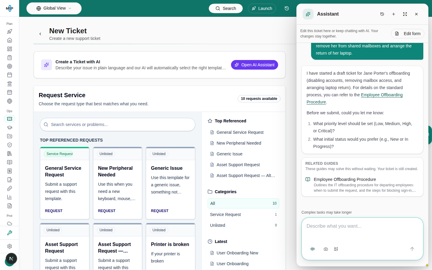 New Ticket page with the Assistant drawer open. The reply says a draft was started and a Related guides card lists Employee Offboarding Procedure with its summary.