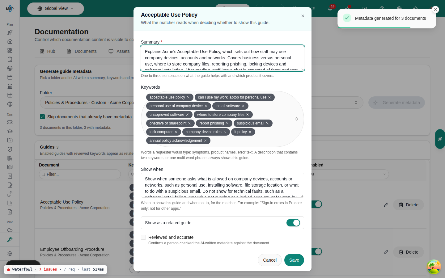 Edit guide dialog titled Acceptable Use Policy with Summary, Keywords, Show when, a Show as a related guide switch and a Reviewed and accurate checkbox.