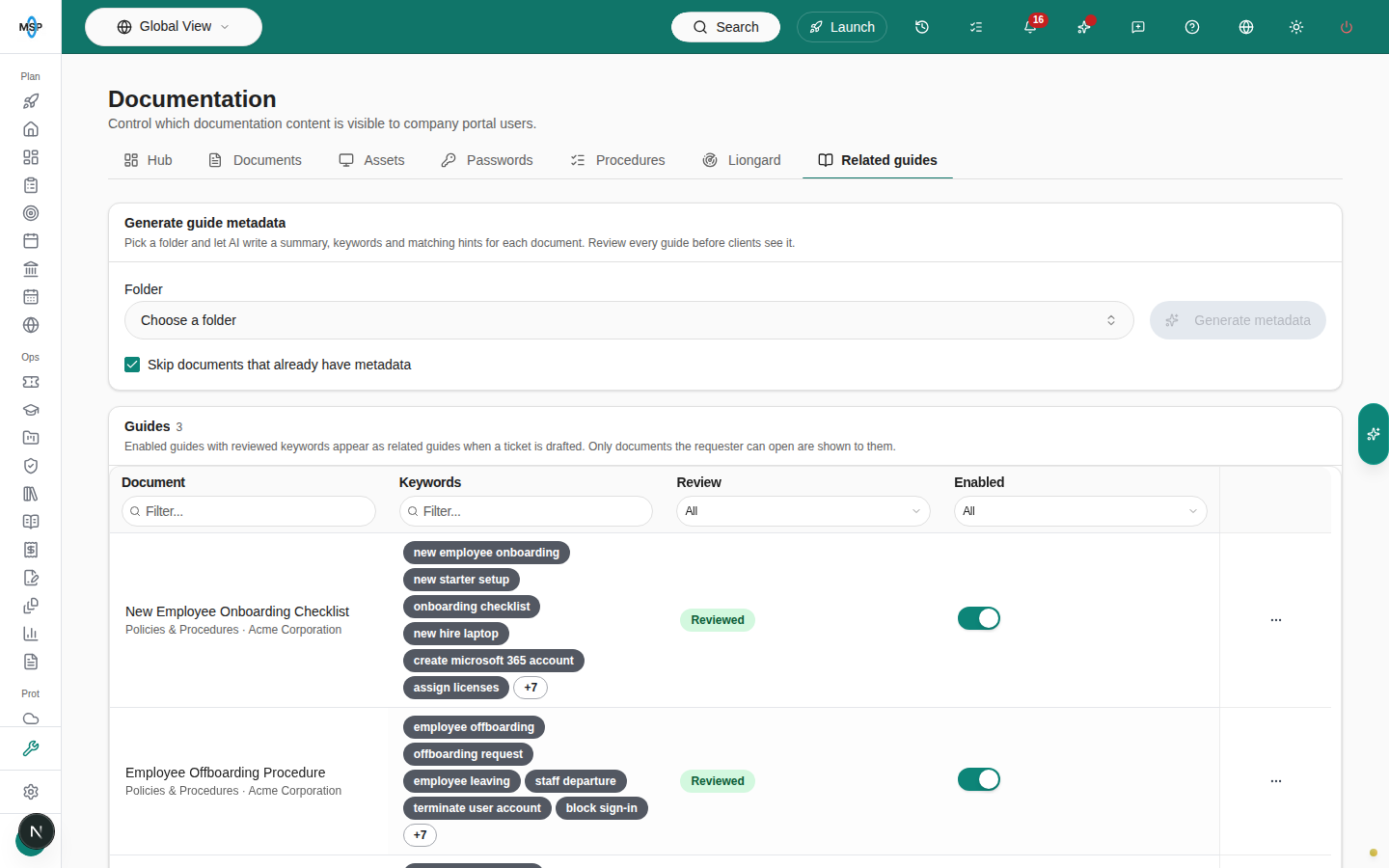 Settings > Documentation > Related guides with the Generate guide metadata card and a Guides table listing three documents, each marked Reviewed and enabled.