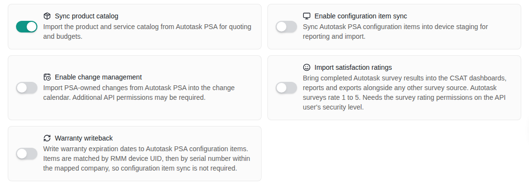 Autotask Sync step showing the Warranty writeback switch and its matching description while Enable configuration item sync is off
