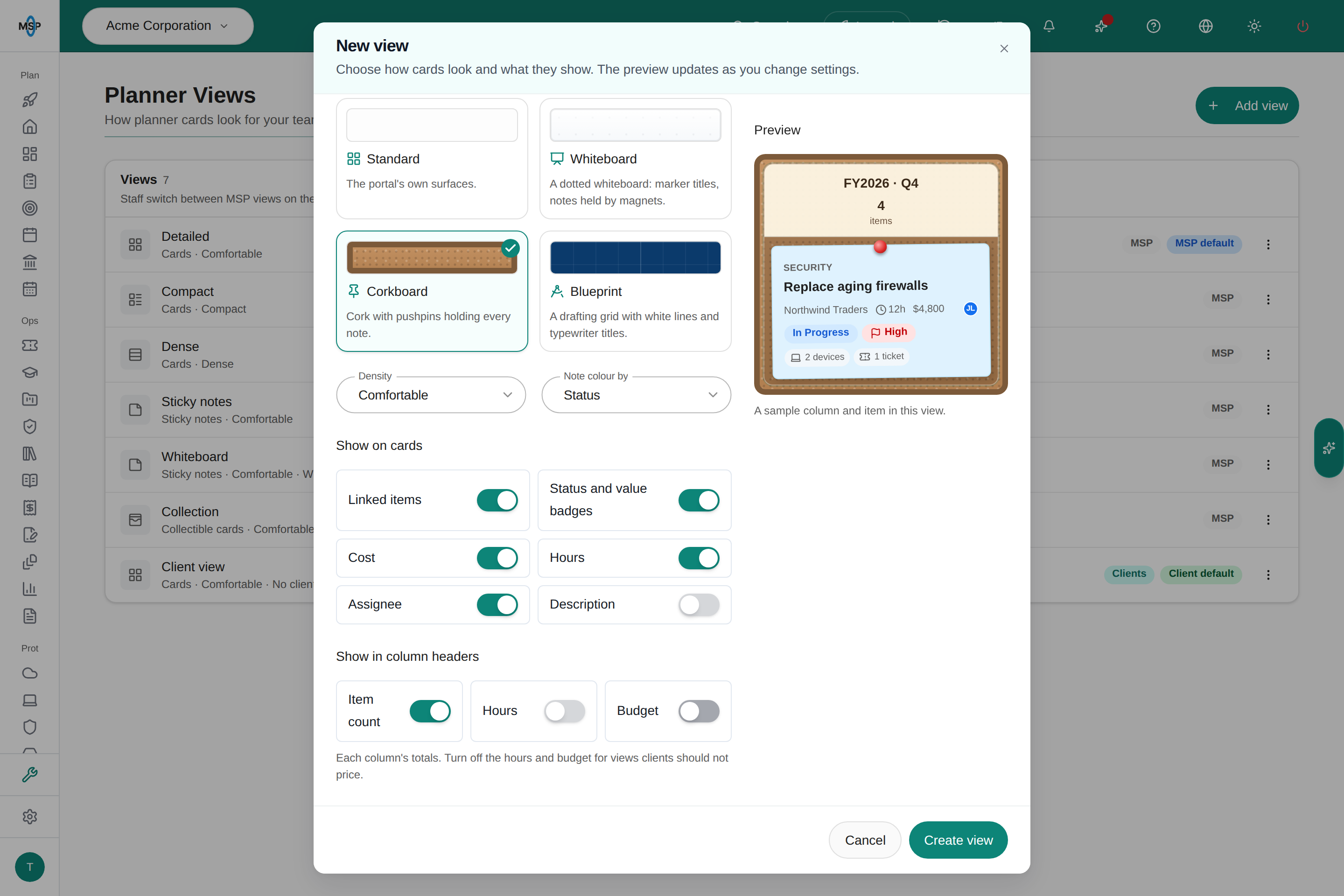Planner view editor showing the Board theme cards, the Note colour by select and the column header switches.