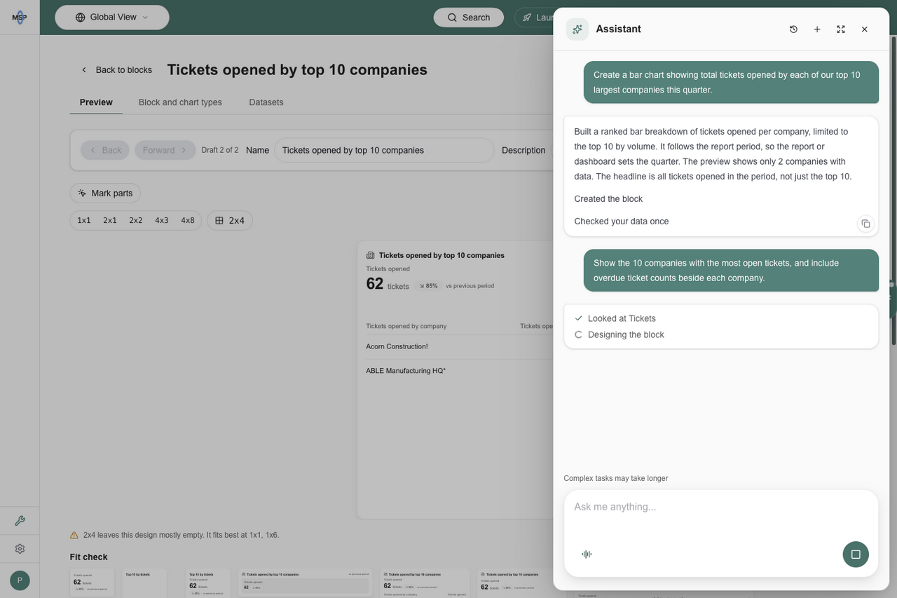Assistant showing Looked at Tickets and Designing the block below the current request