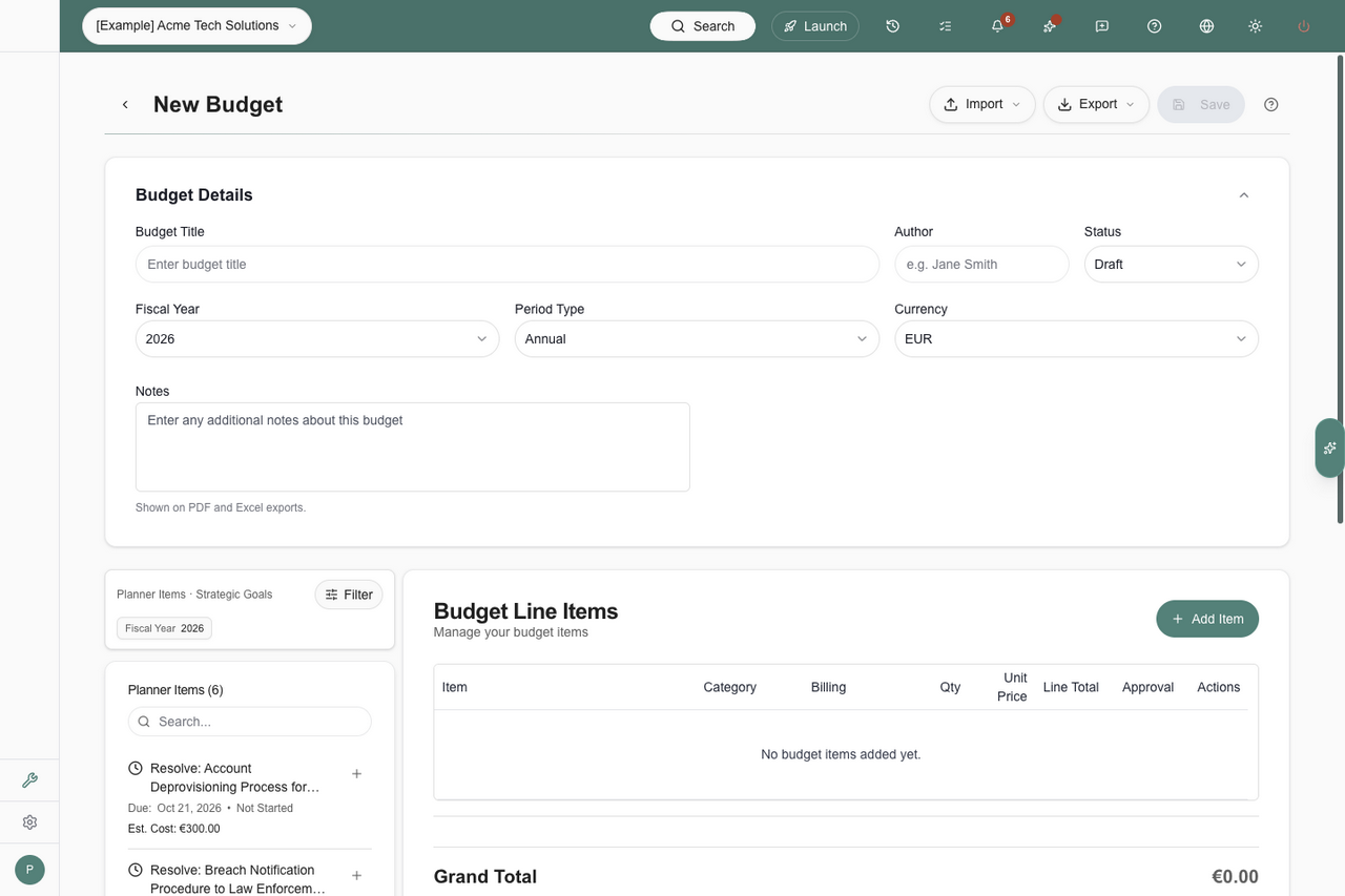 Budget editor with the standard back arrow and responsive header actions on desktop