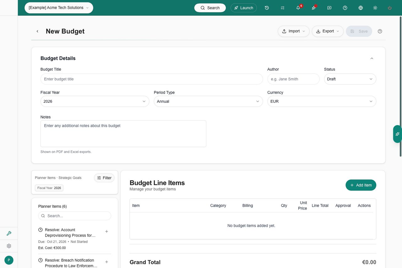 Budget editor with the standard back arrow and responsive header actions on desktop
