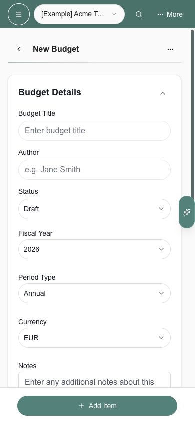 Budget editor with the standard back arrow and responsive header actions on phone
