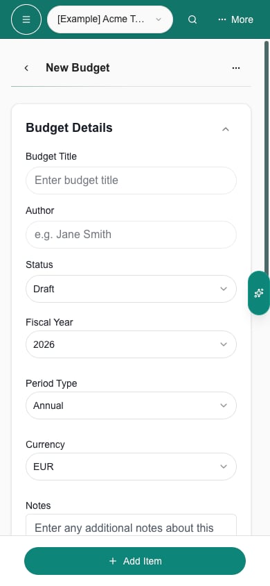 Budget editor with the standard back arrow and responsive header actions on phone