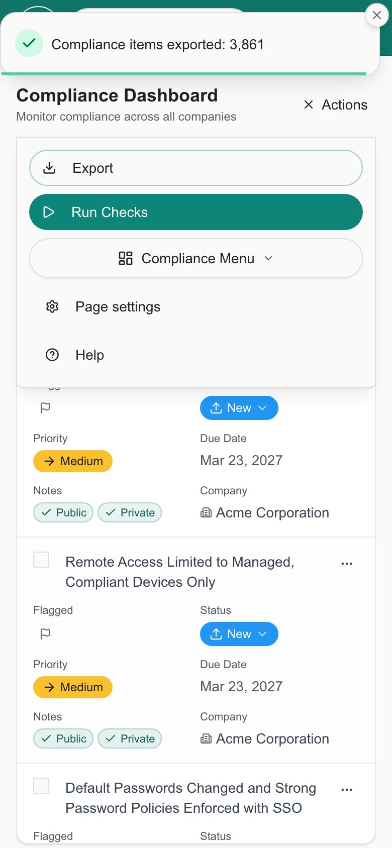 Phone view of the Compliance List with the Actions menu open, showing Export, Run Checks and Compliance Menu, and the exported message above it.