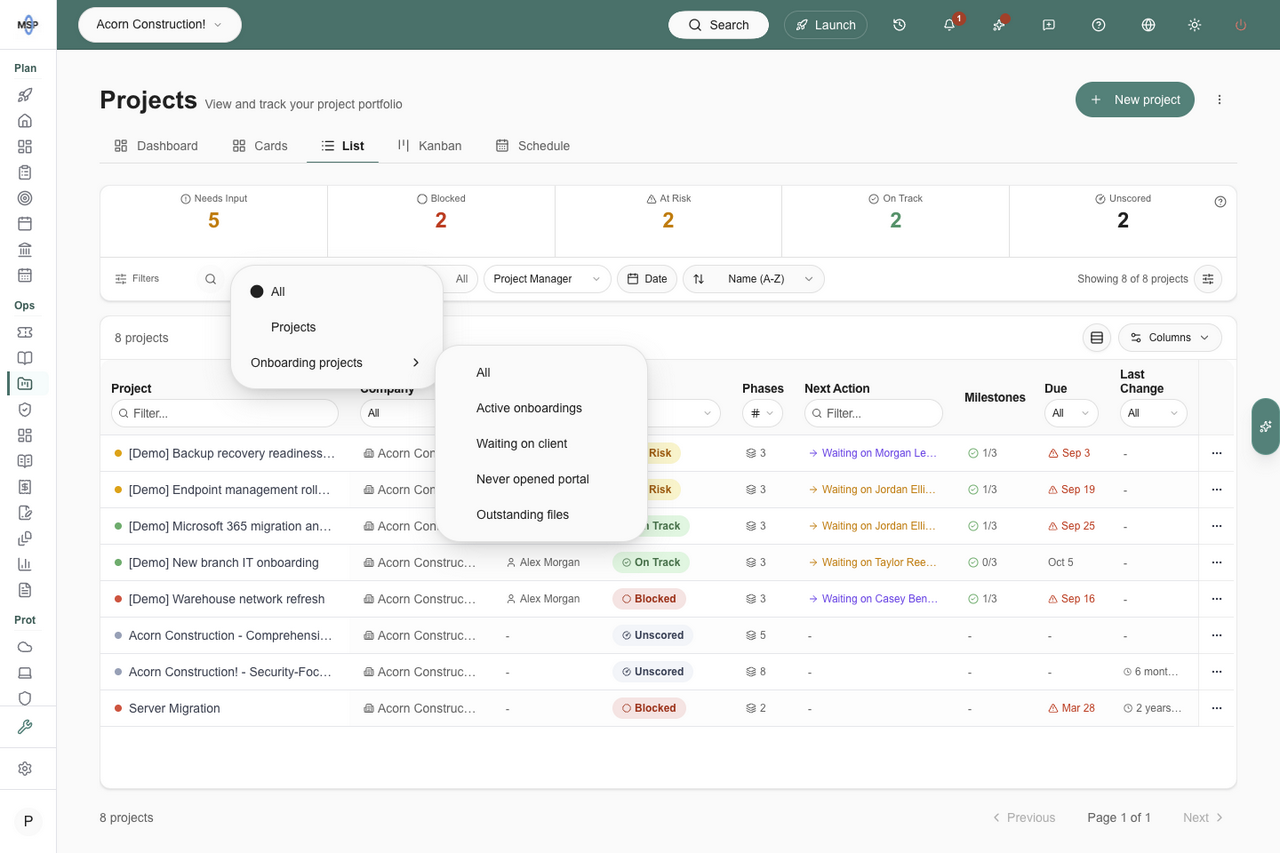 Projects category dropdown with onboarding attention filters in a nested submenu