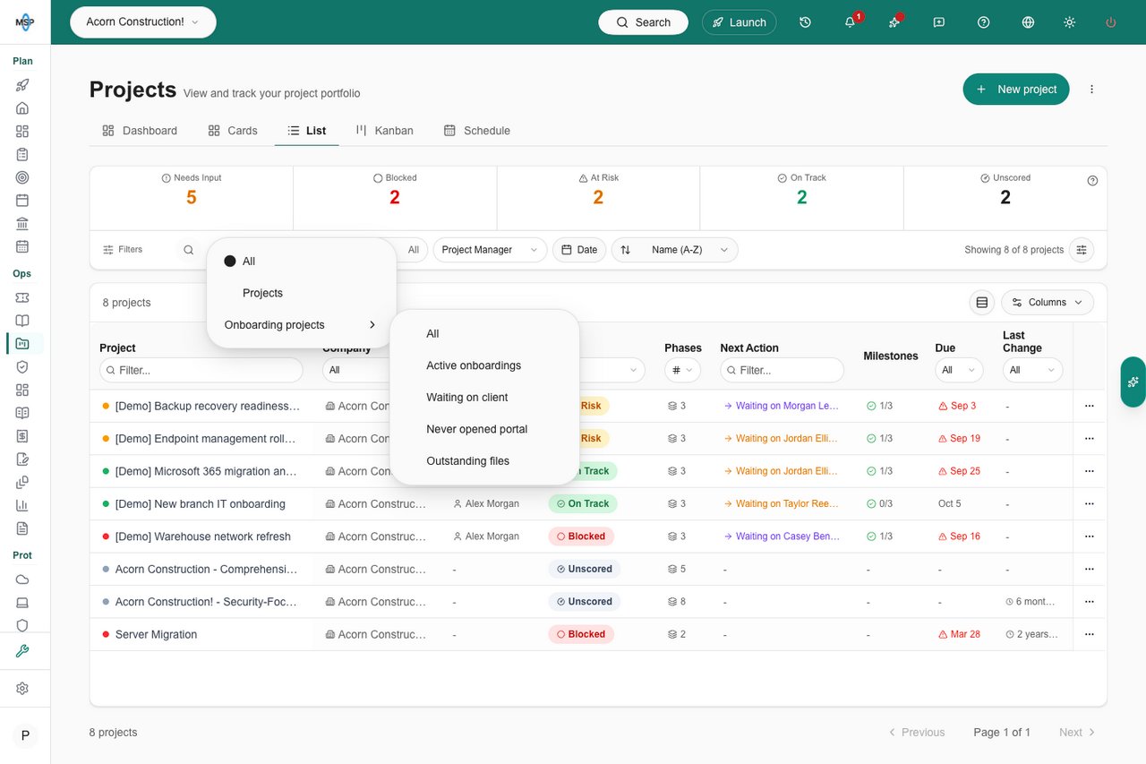 Projects category dropdown with onboarding attention filters in a nested submenu