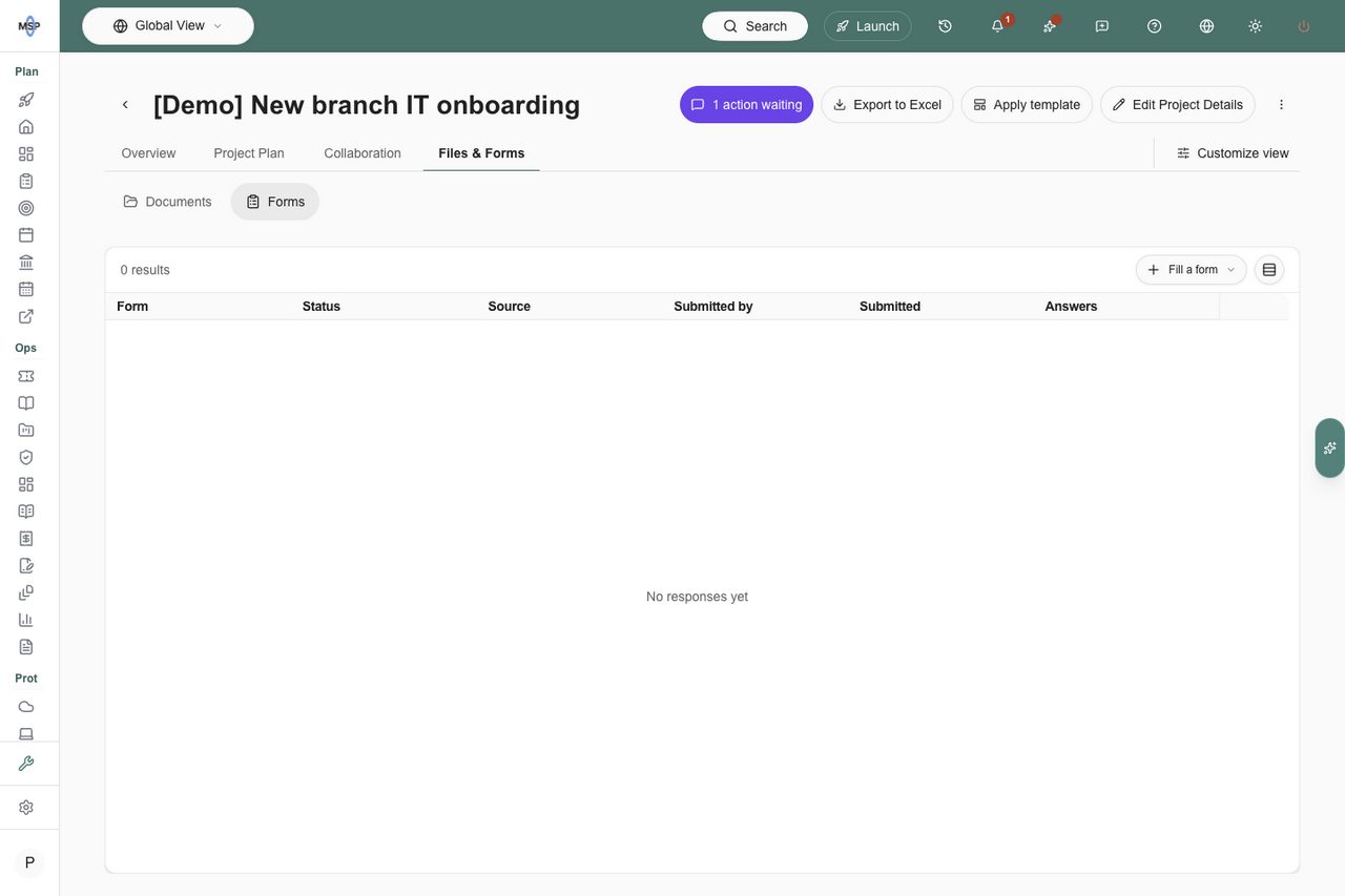 Branch preview of the project Forms response table with Fill a form in its toolbar