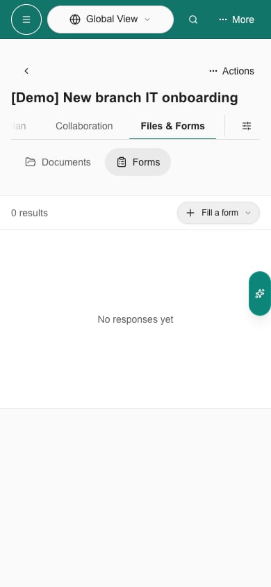 Branch preview of the Forms toolbar and empty response list on a phone