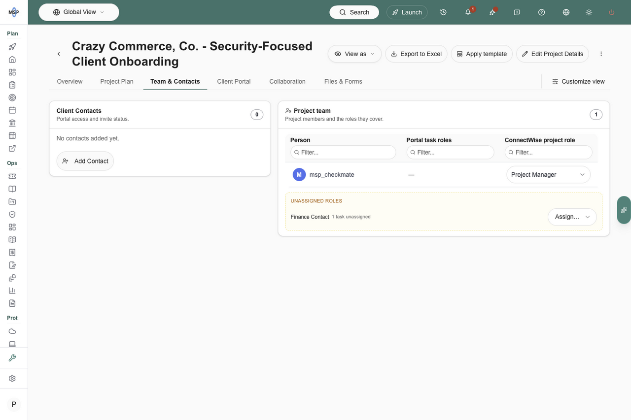 Project team with shared Person, Portal task roles and ConnectWise project role headers