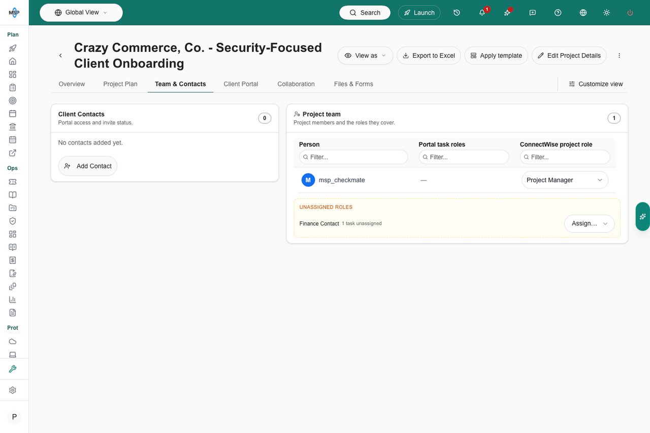 Project team with shared Person, Portal task roles and ConnectWise project role headers