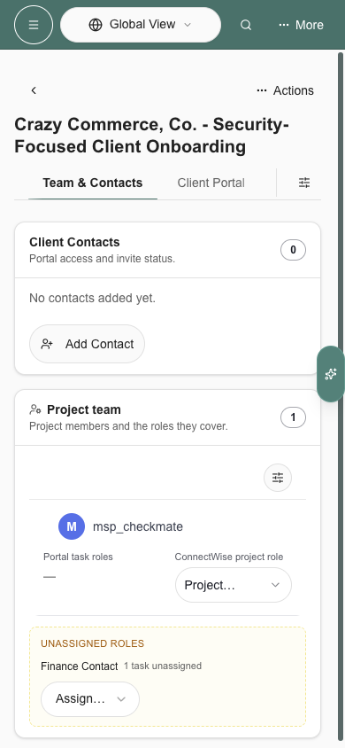Phone view of the project team with portal and ConnectWise roles side by side