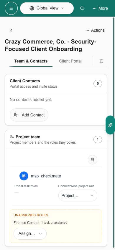 Phone view of the project team with portal and ConnectWise roles side by side