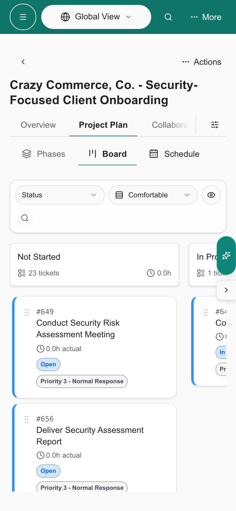 Project Plan on a phone with Board selected and horizontally scrollable ticket columns