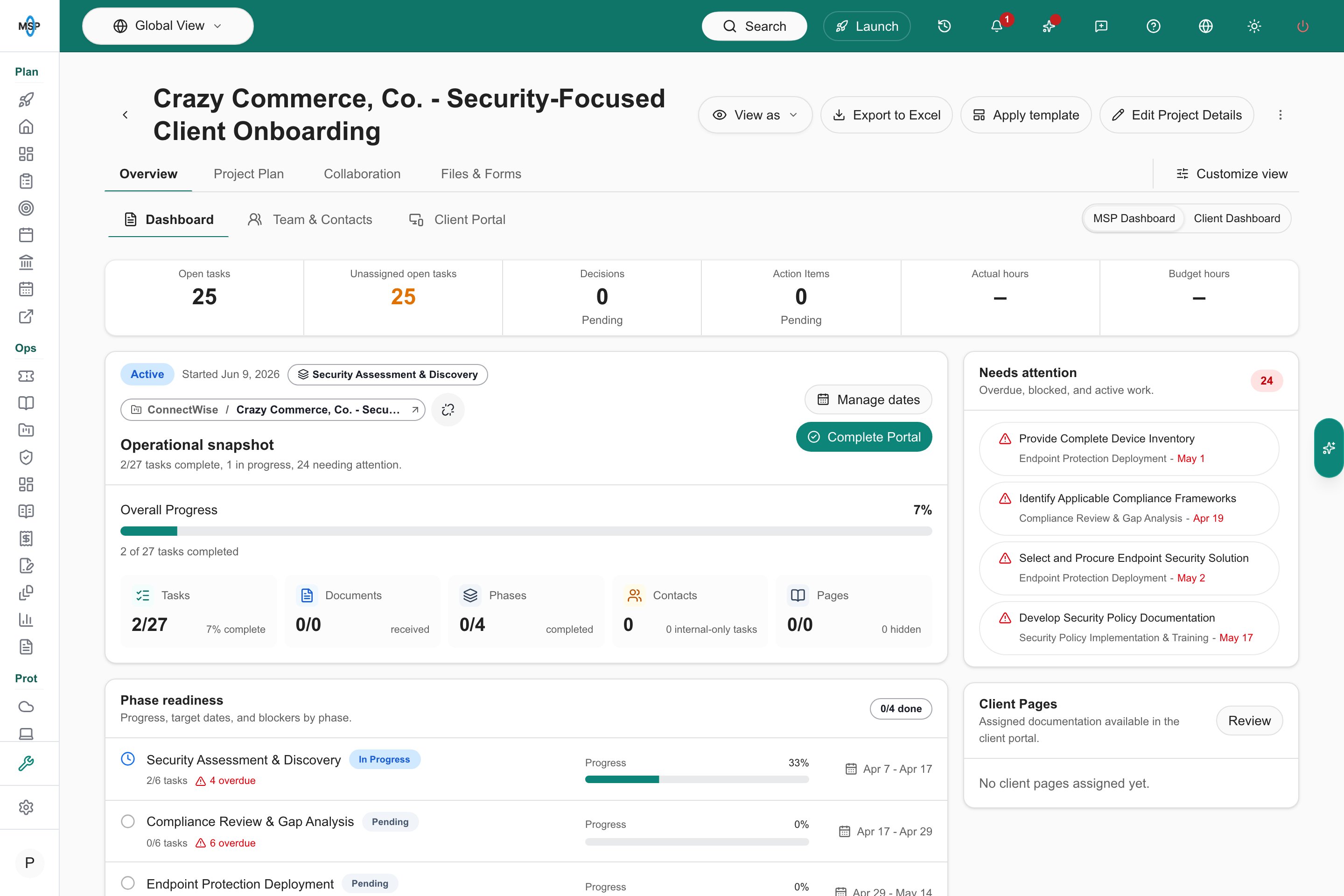 MSP Dashboard for a linked onboarding project with operational metrics, progress, and phase readiness