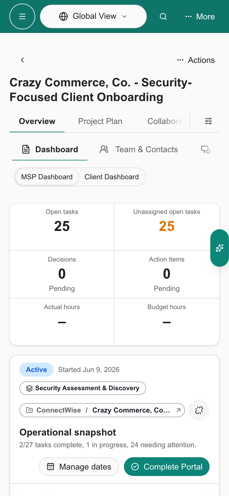 MSP Dashboard on a phone with stacked summary metrics and onboarding operational snapshot