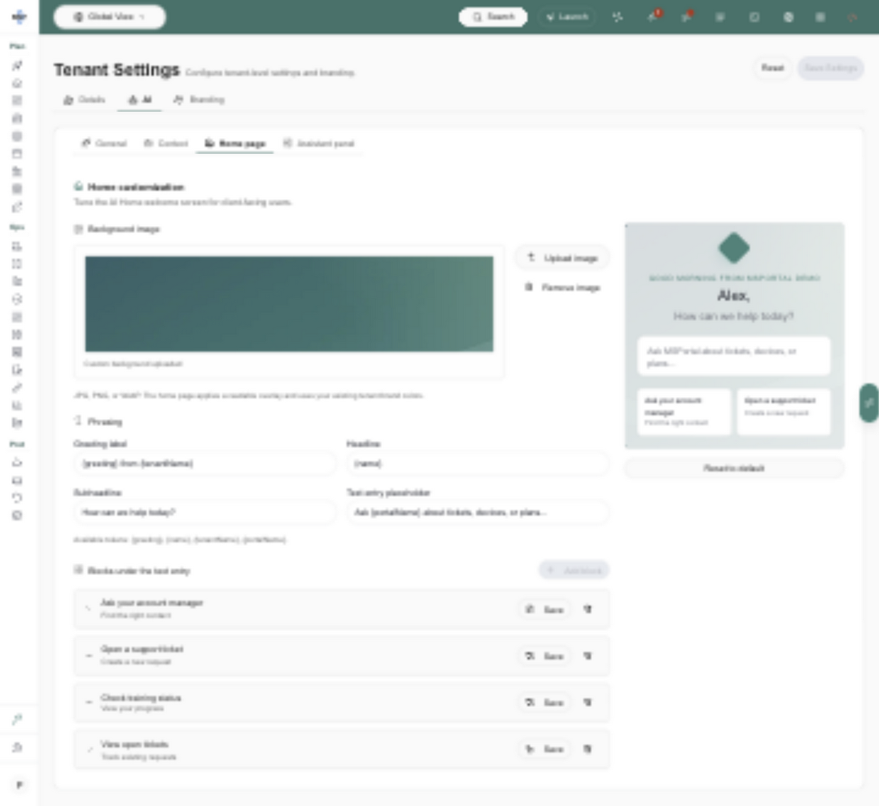 AI Home settings showing an uploaded background image, personalized welcome phrasing, shortcut blocks, and sample preview.