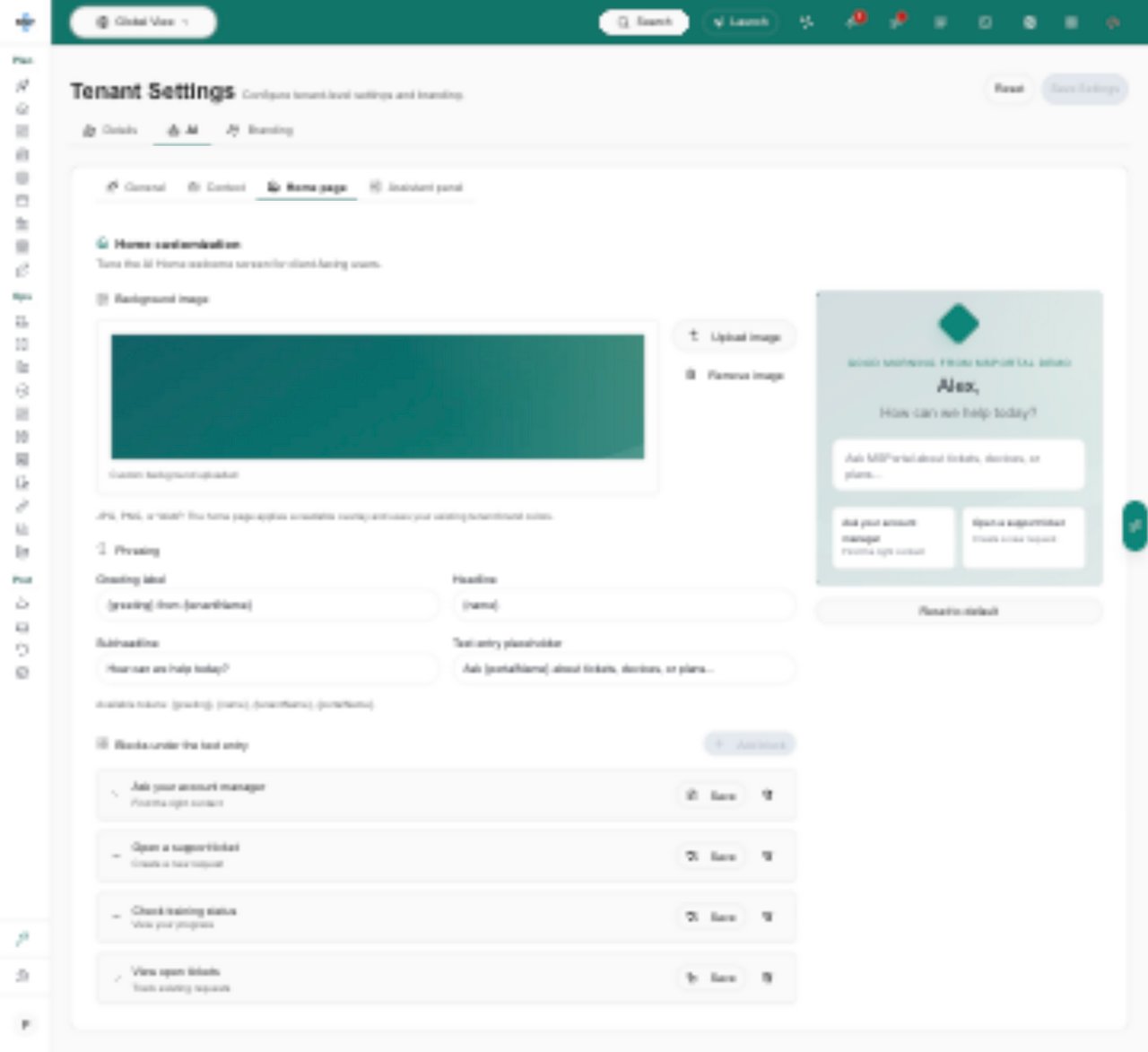 AI Home settings showing an uploaded background image, personalized welcome phrasing, shortcut blocks, and sample preview.