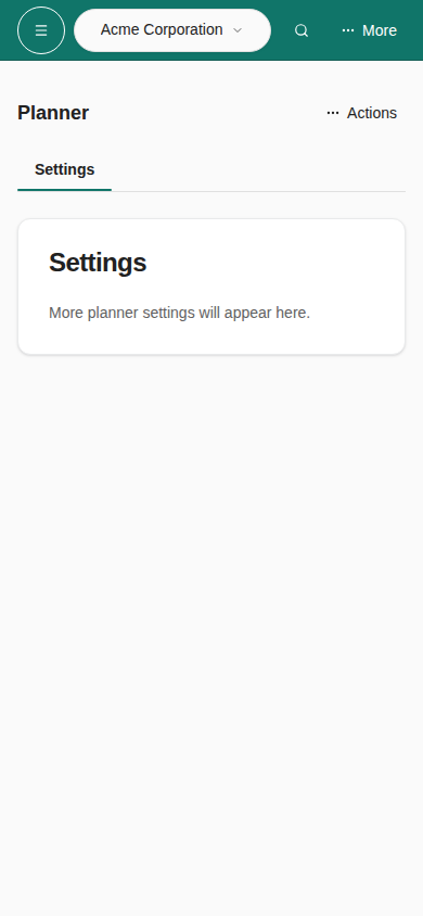 Phone view of Planner settings showing only the Settings tab and its placeholder card.