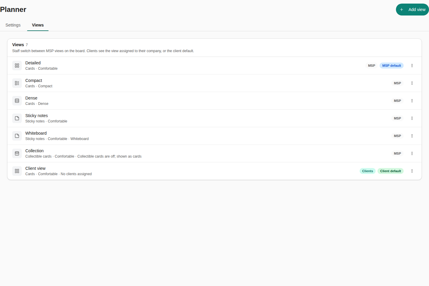 Planner settings with Views selected, Add view in the header and seven built-in views listed.