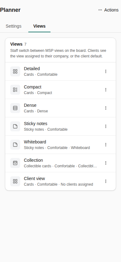 Planner Views tab on a phone showing the view list and the Actions menu in the header.