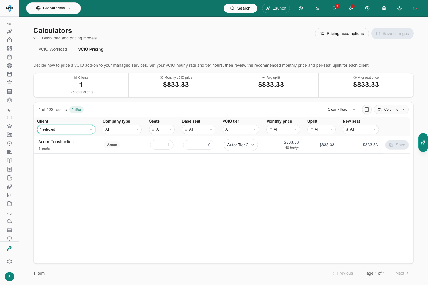 Branch preview: vCIO pricing inputs with company-type column filtering.