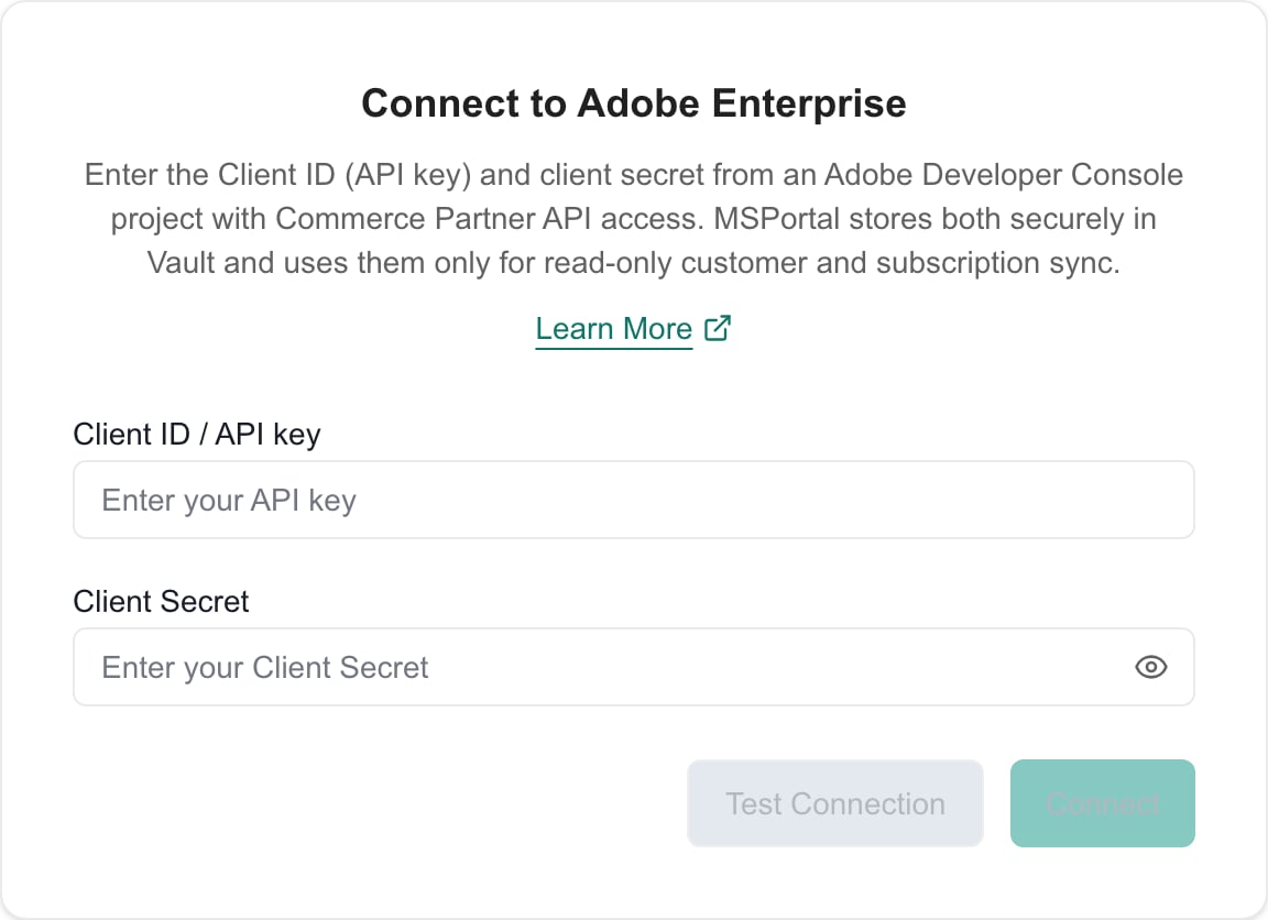 Adobe Enterprise Connect step with Client ID / API key and Client Secret fields