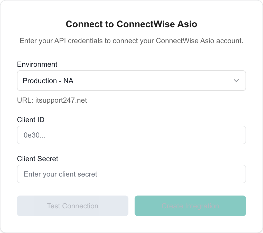ConnectWise Asio setup in MSPortal with blank credential inputs