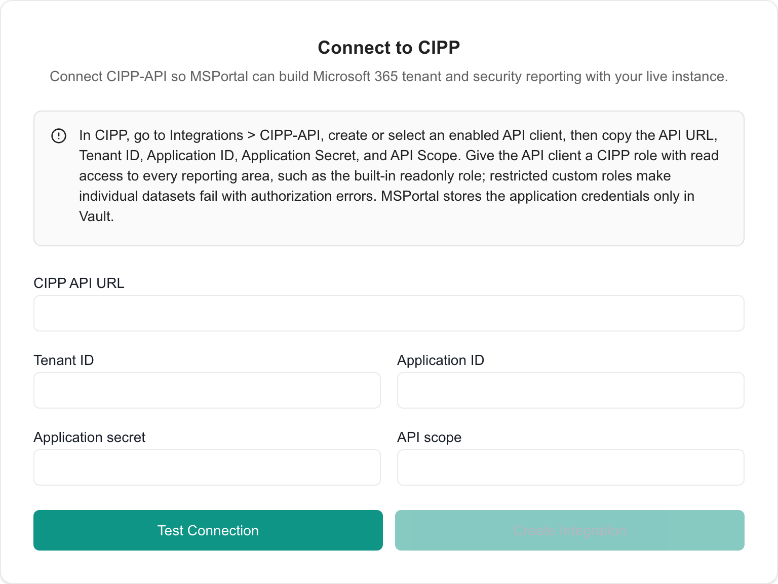 Cipp connection form with blank credential fields and test and save controls