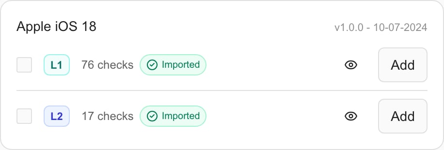 MSP example: one product family with separate L1 and L2 entries. Imported indicates an existing copy, not a completed assessment.