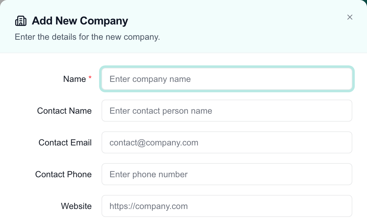 Blank Add New Company form showing the required name and optional contact and website fields.