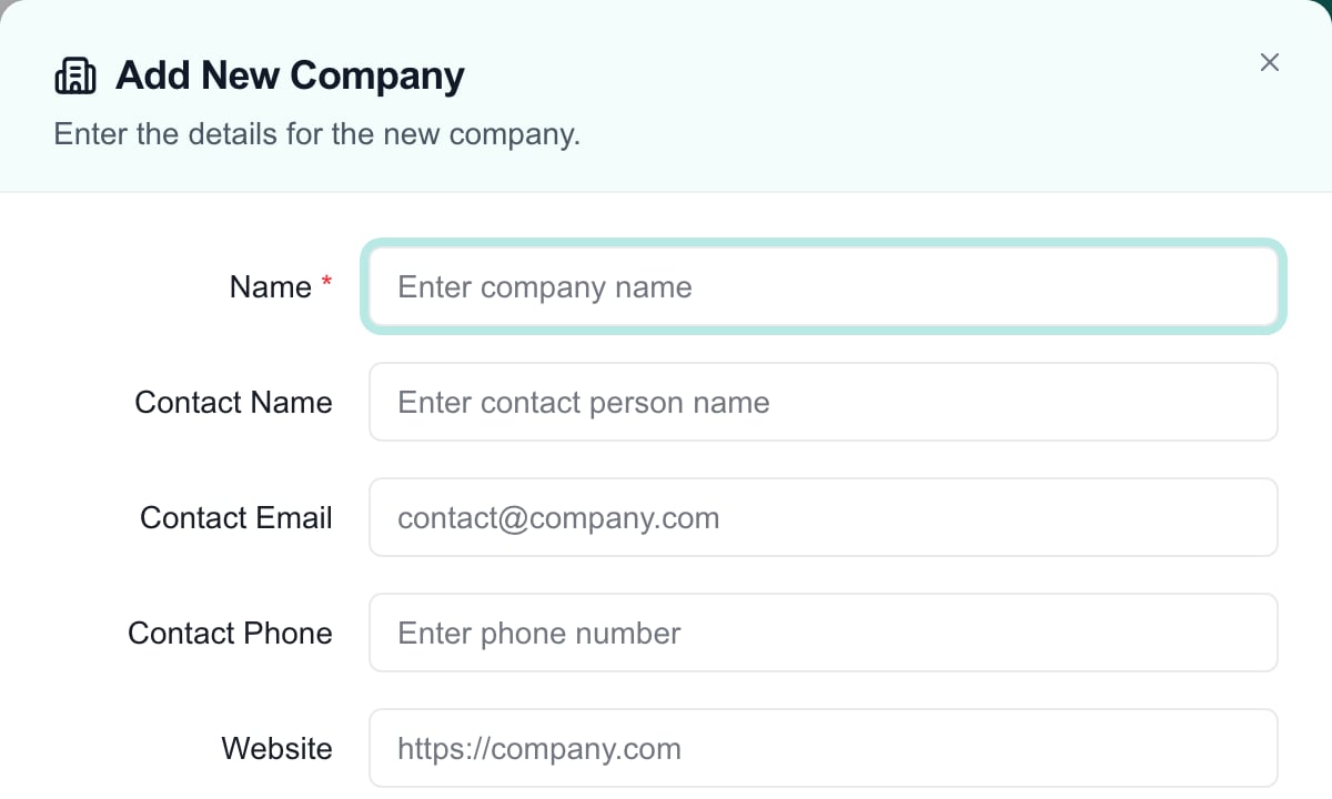 Blank Add New Company form showing the required name and optional contact and website fields.