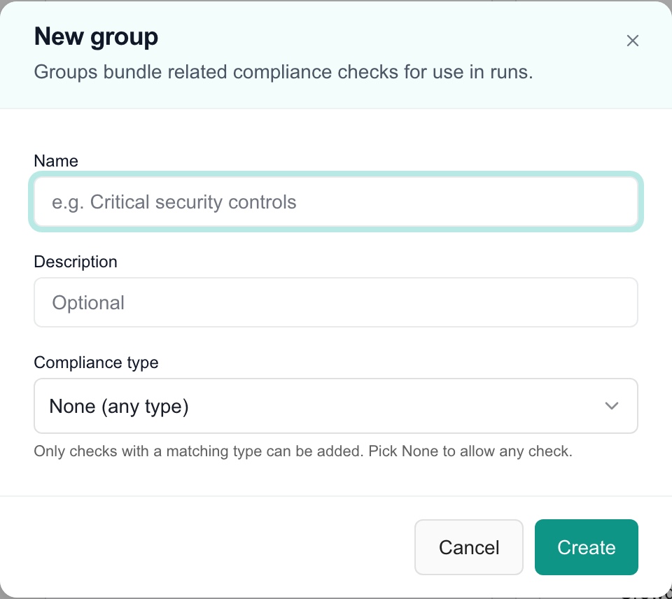 New group dialog with name, description and compliance type fields and Cancel/Create controls.