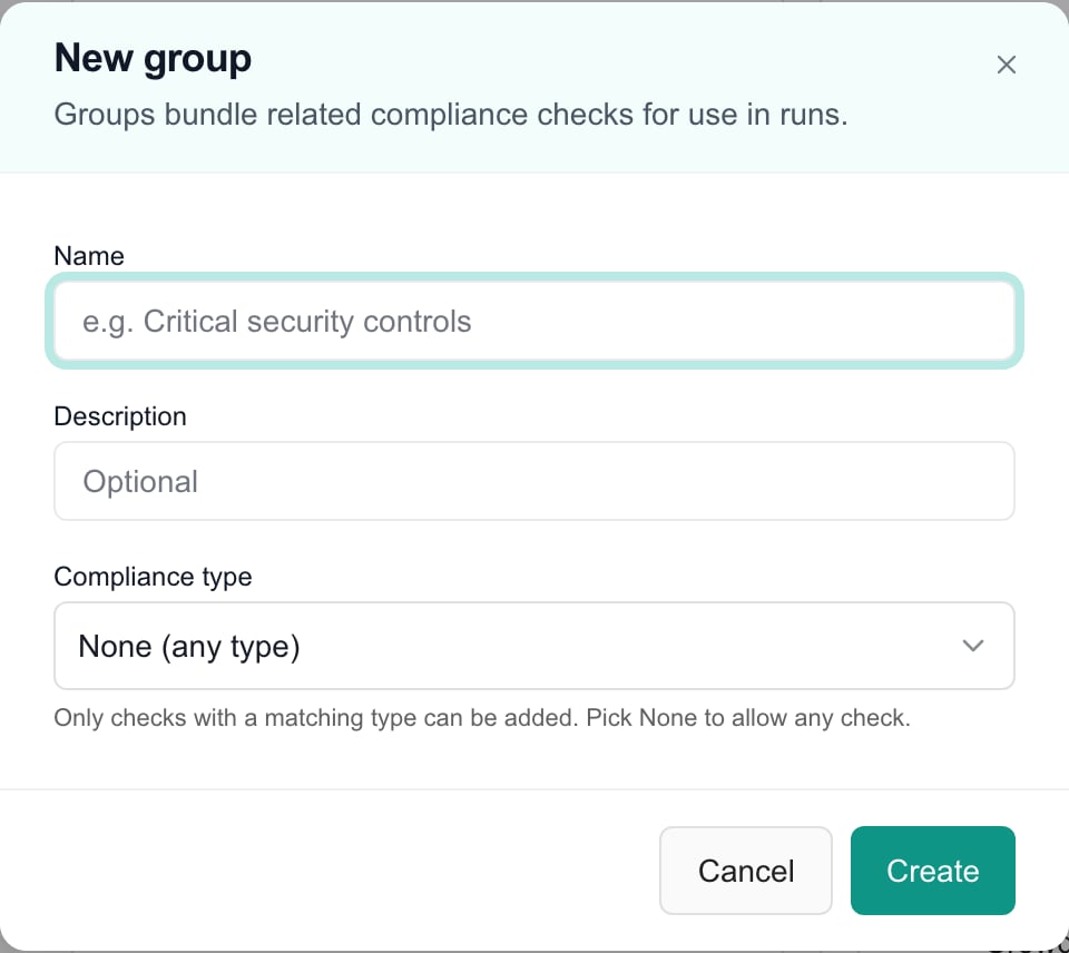 New group dialog with name, description and compliance type fields and Cancel/Create controls.