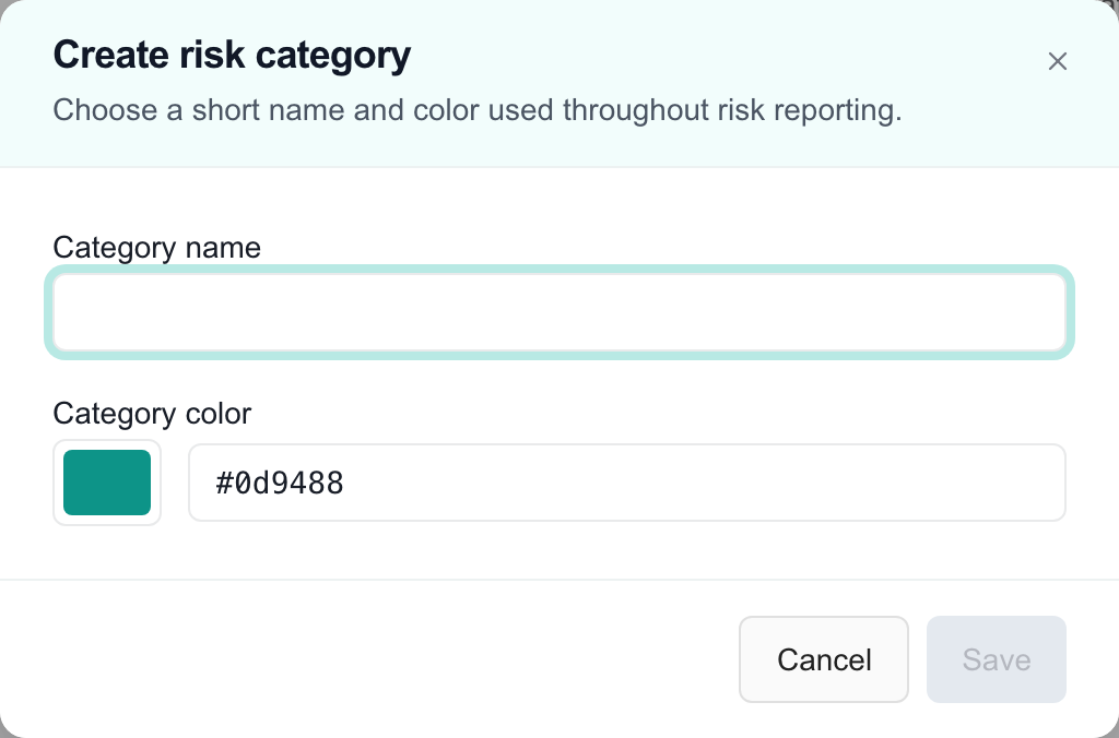 Blank Create risk category dialog with name, color and save controls.