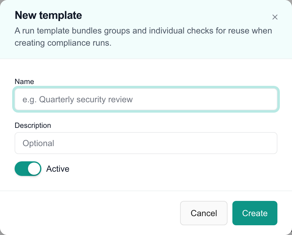 New template dialog with name, description, Active switch and Cancel/Create controls.