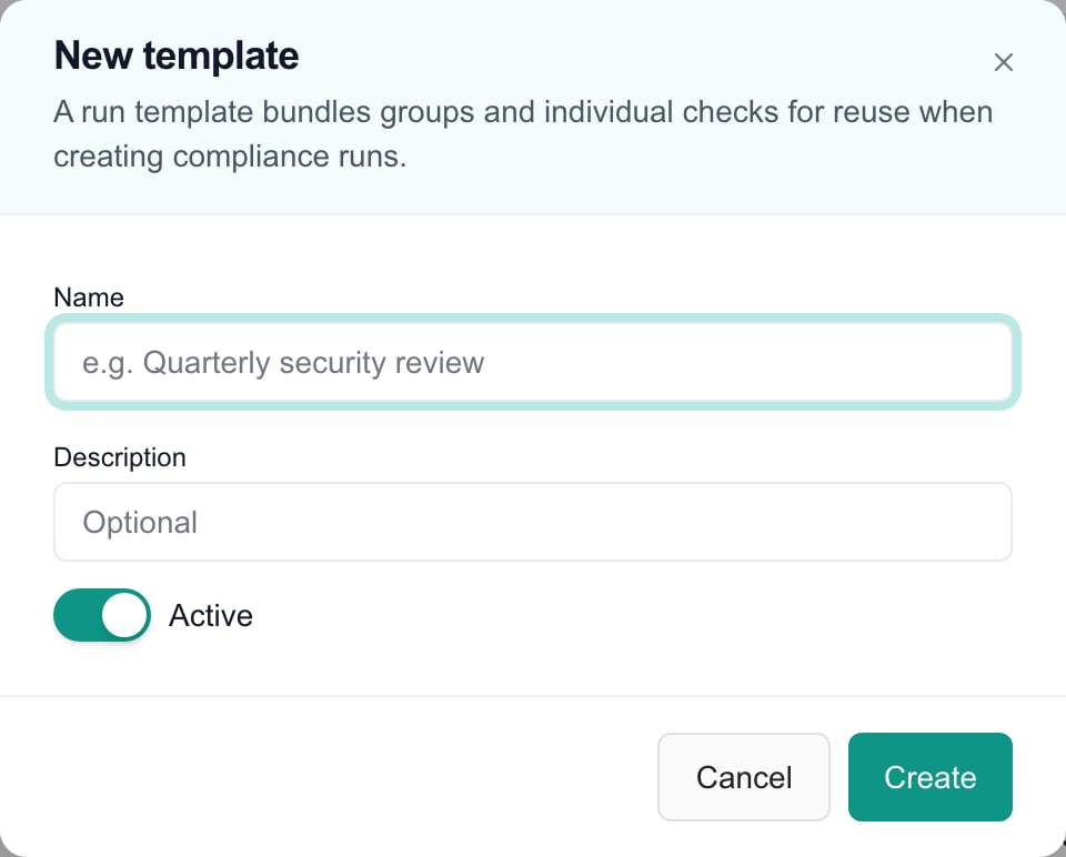New template dialog with name, description, Active switch and Cancel/Create controls.