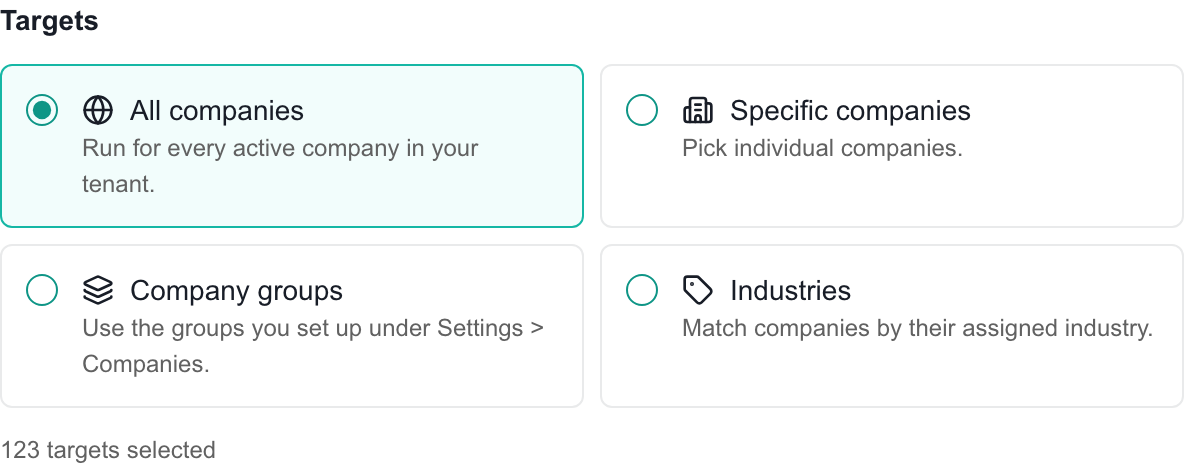 Schedule target choices for all companies, specific companies, company groups or industries.