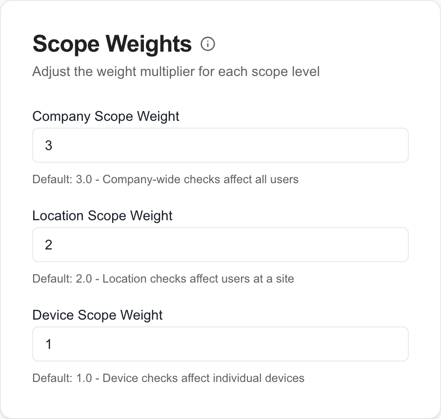 Company, Location and Device scope weights with default hints of 3, 2 and 1.