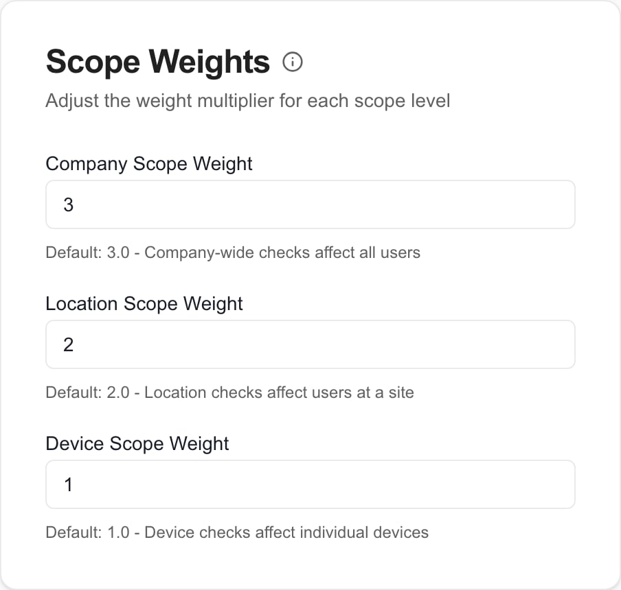 Company, Location and Device scope weights with default hints of 3, 2 and 1.